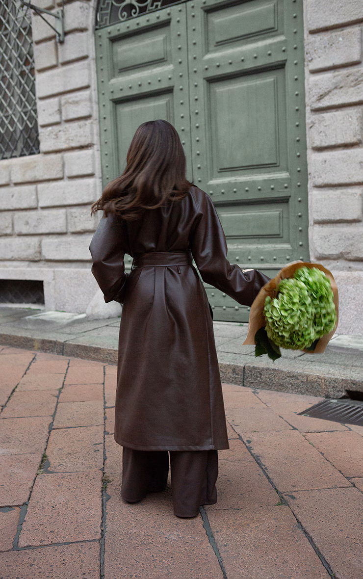 Brown Faux Leather Maxi Trench Coat