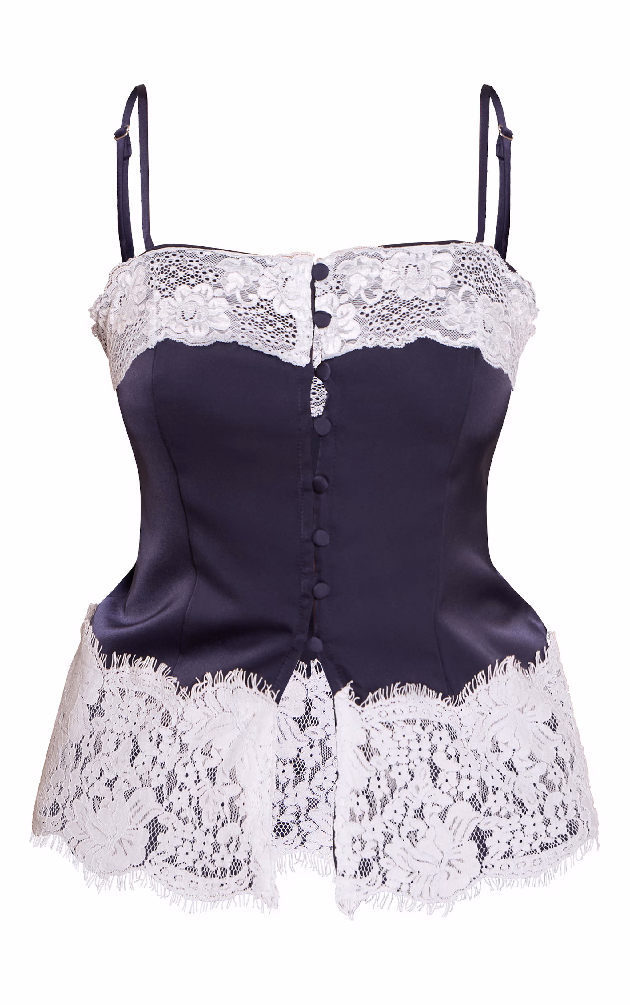 Navy Satin Button Up Lace Detail Cami