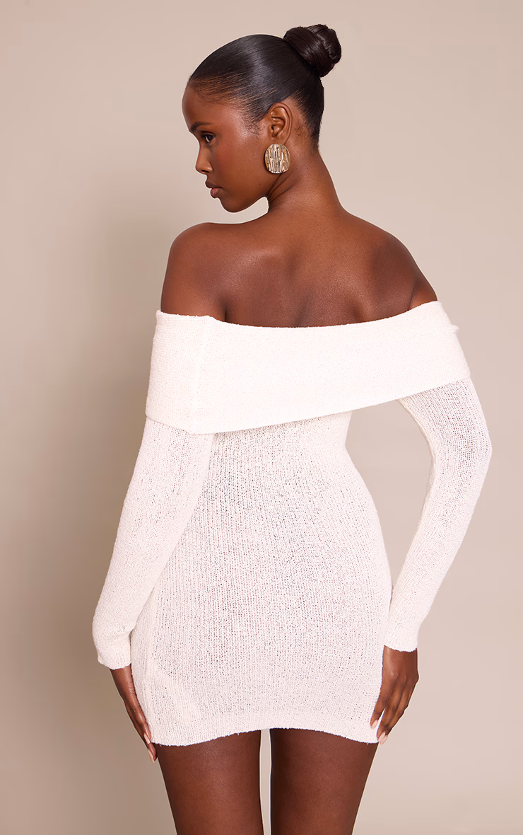 Cream Bardot Trim Detail Knitted Dress