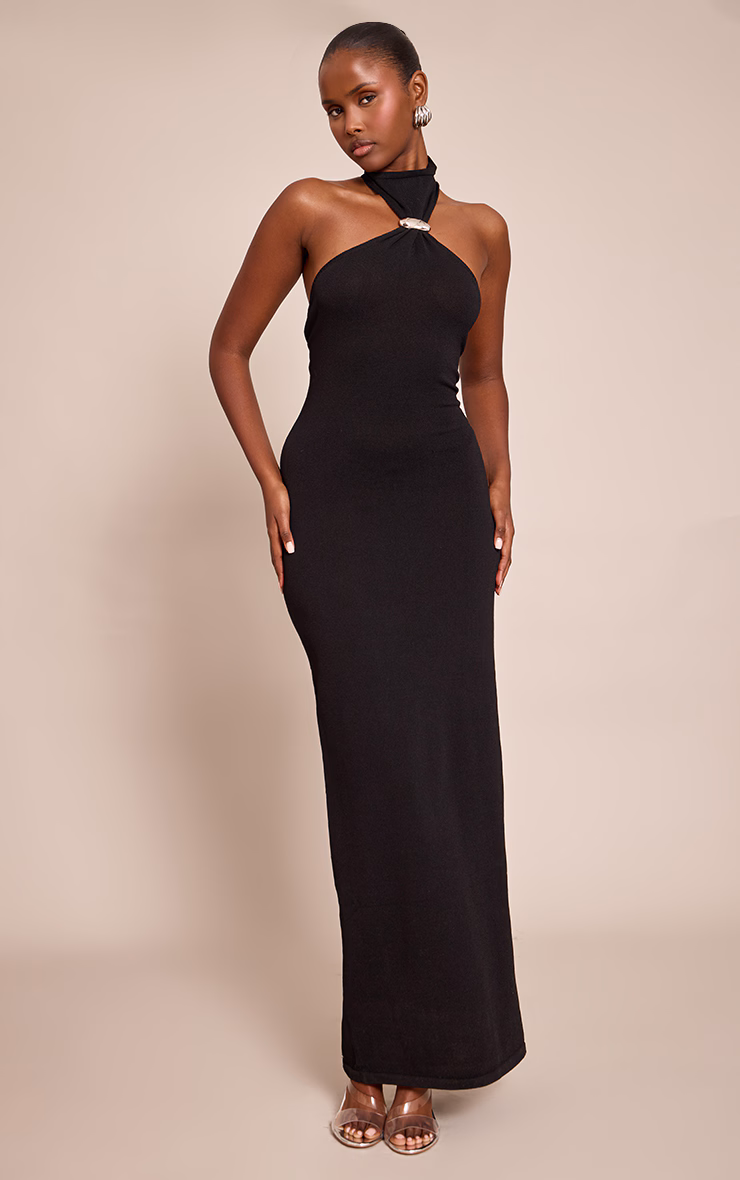 Black Trim Halter Neck Knitted Maxi Dress