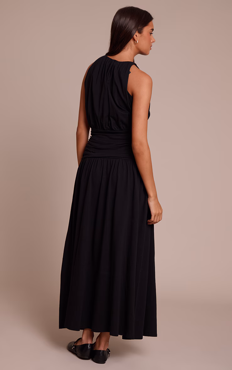 Black Jersey Halterneck Ruched Detail Maxi Dress