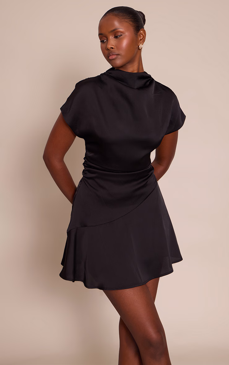 Black Satin Cap Sleeve Mini Dress