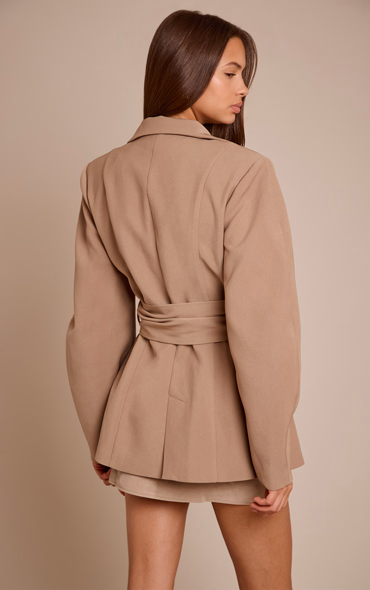 Taupe Gathered Wrap Waist Belted Blazer