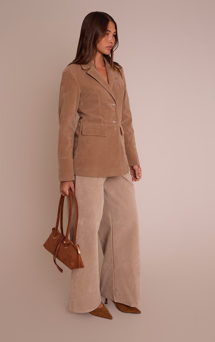 Brown Faux Suede Pocket Detail Cinched Waist Blazer