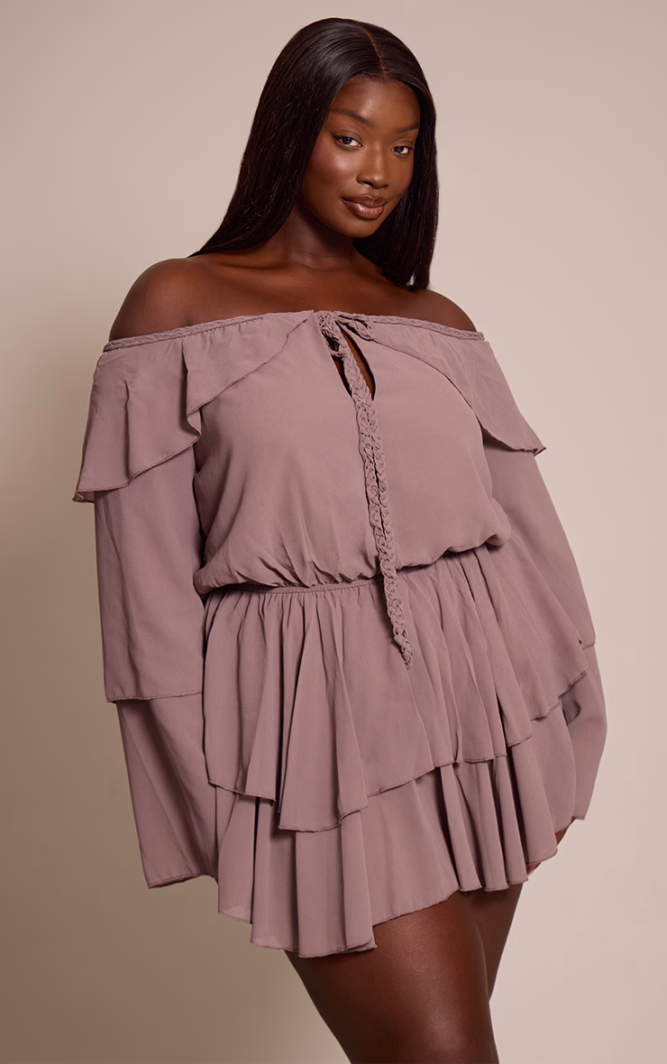 Plus Mushroom Chiffon Ruffle Detail Long Sleeve Romper