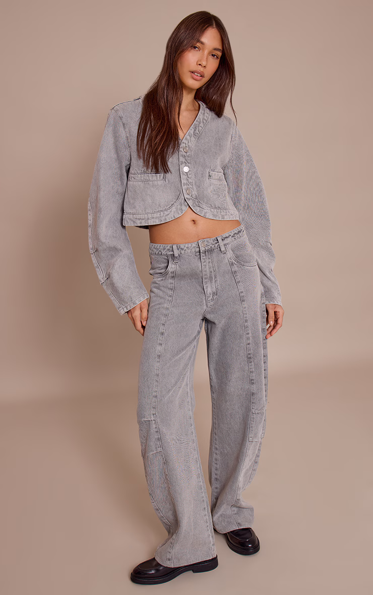 Grey V Neck Curved Hem Cropped Denim Jacket