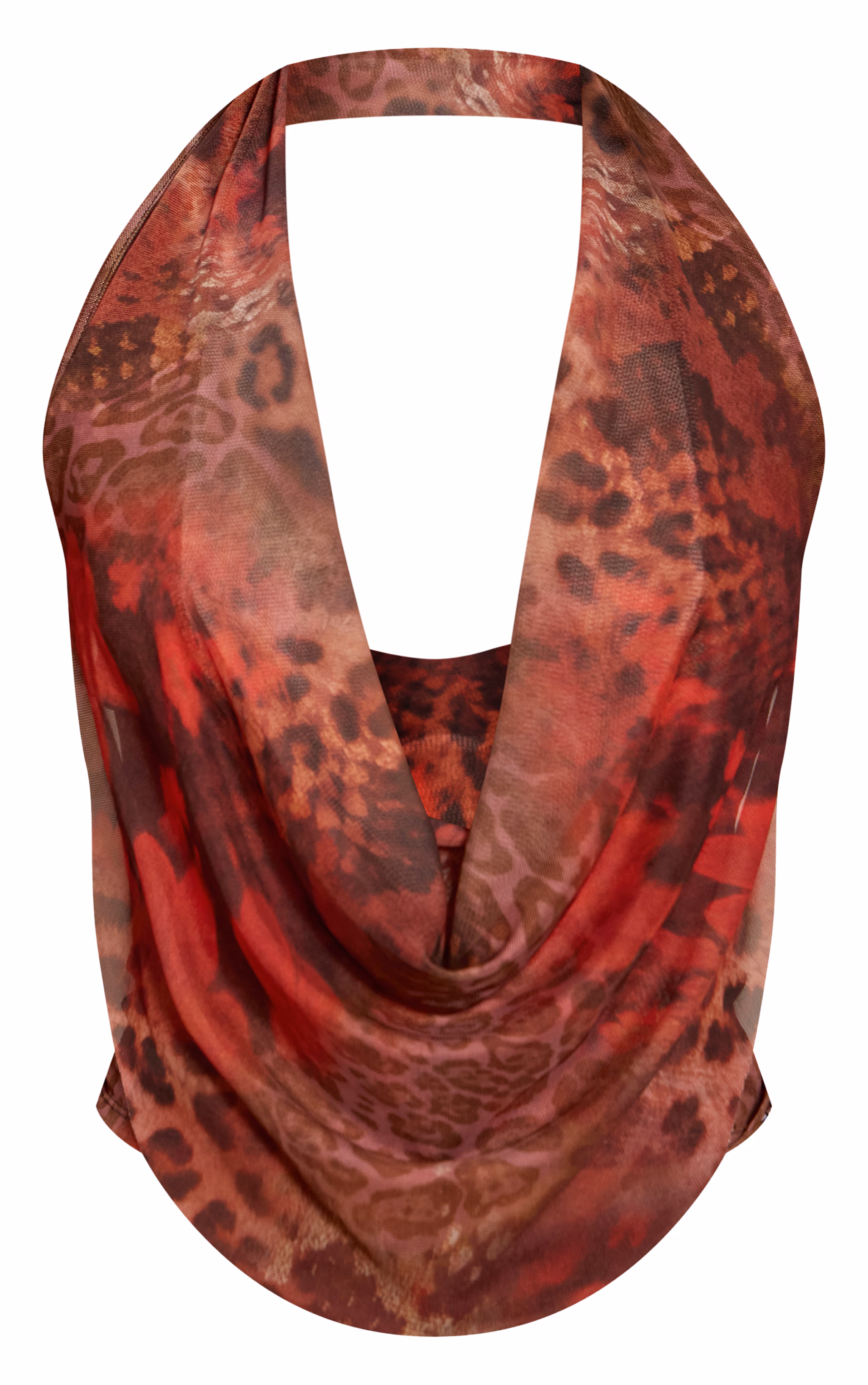 Brown Abstract Animal Print Mesh Halterneck Top