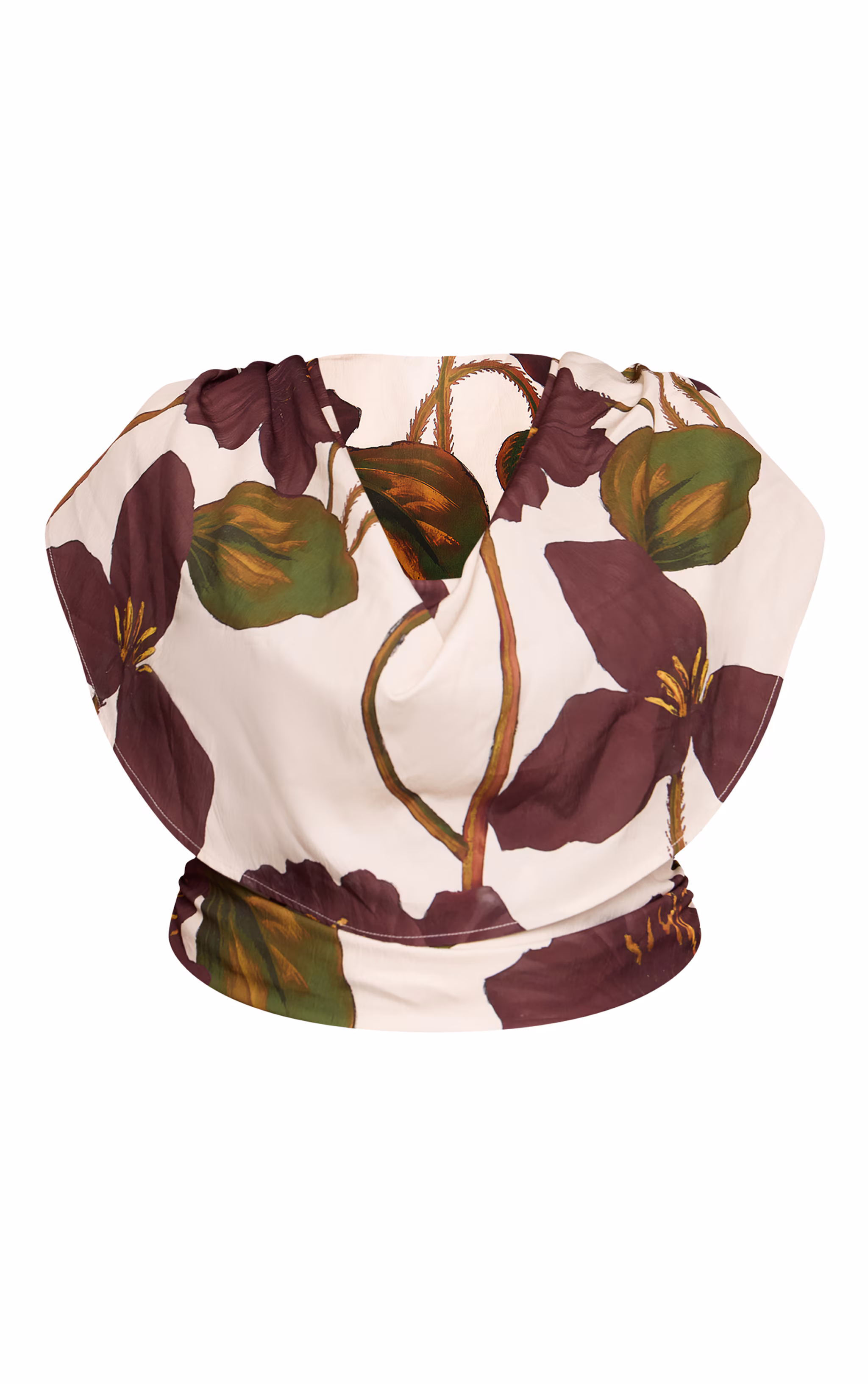 Plus Floral Print Woven Ruched Shoulder Cowl Neck Top