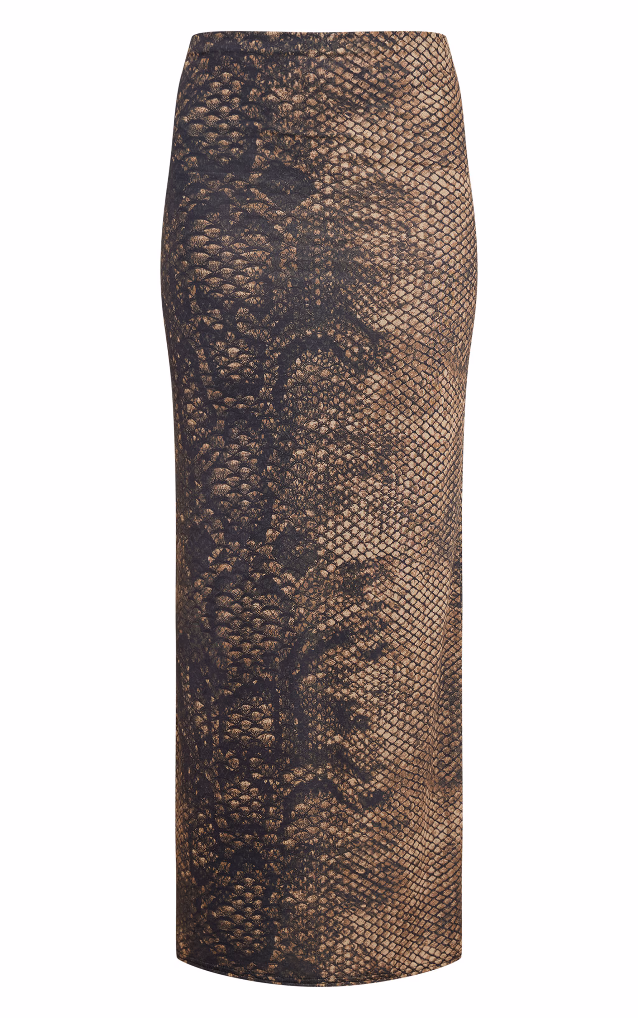 Dark Brown Snake Printed Slinky Mid Rise Maxi Skirt