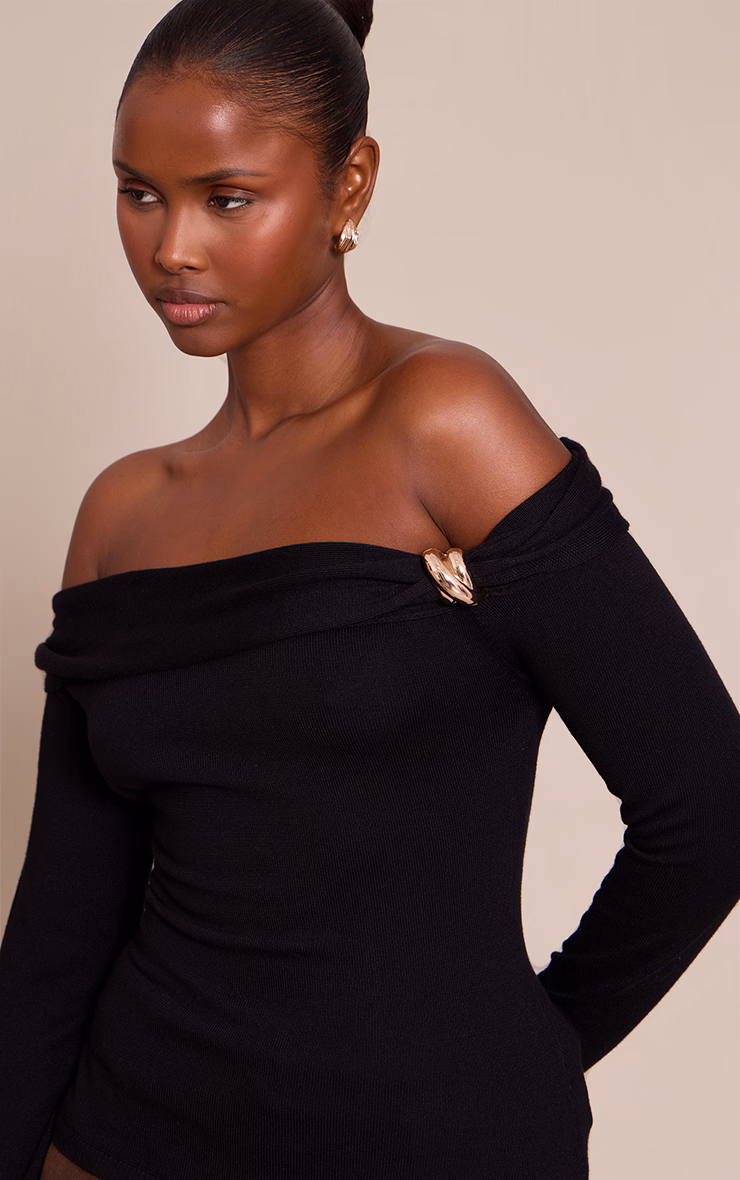 Black Long Sleeve Twist Shoulder Detail Knitted Top