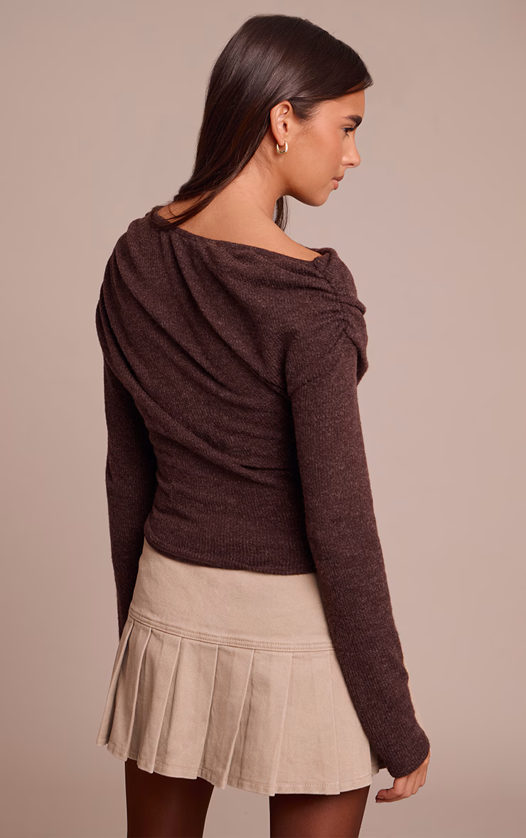 Chocolate Brushed Slouchy Ruched Long Sleeve Top