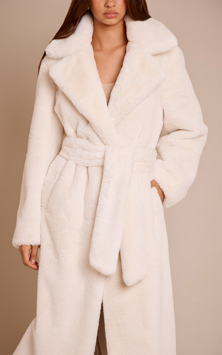 Cream Faux Fur Tie Waist Maxi Coat