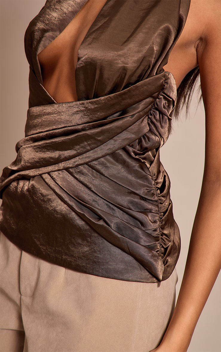 Dark Olive Crinkle Satin Wrap Corset Top