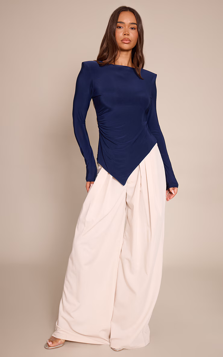 Navy Double Layer Slinky Shoulder Pad Asymmetric Top