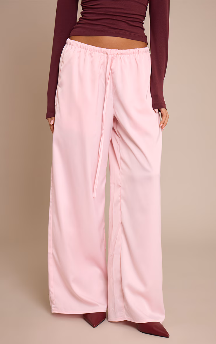 Baby Pink Satin Low Rise Wide Leg Tie Waist Pants