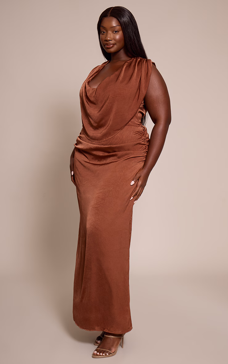 Plus Chocolate Crushed Satin Cowl Neck Maxi Dress