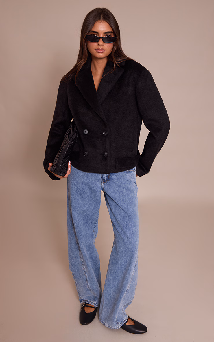 Black Brushed Wool Cropped Trench Coat