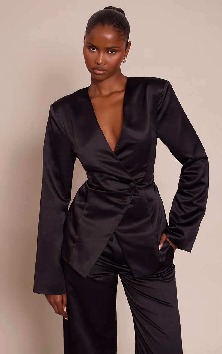 Black Satin Ruched Cinched Blazer