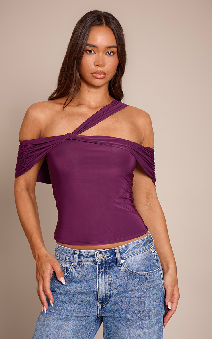 Plum Double Layer Slinky Abstract Sleeve Detail Top