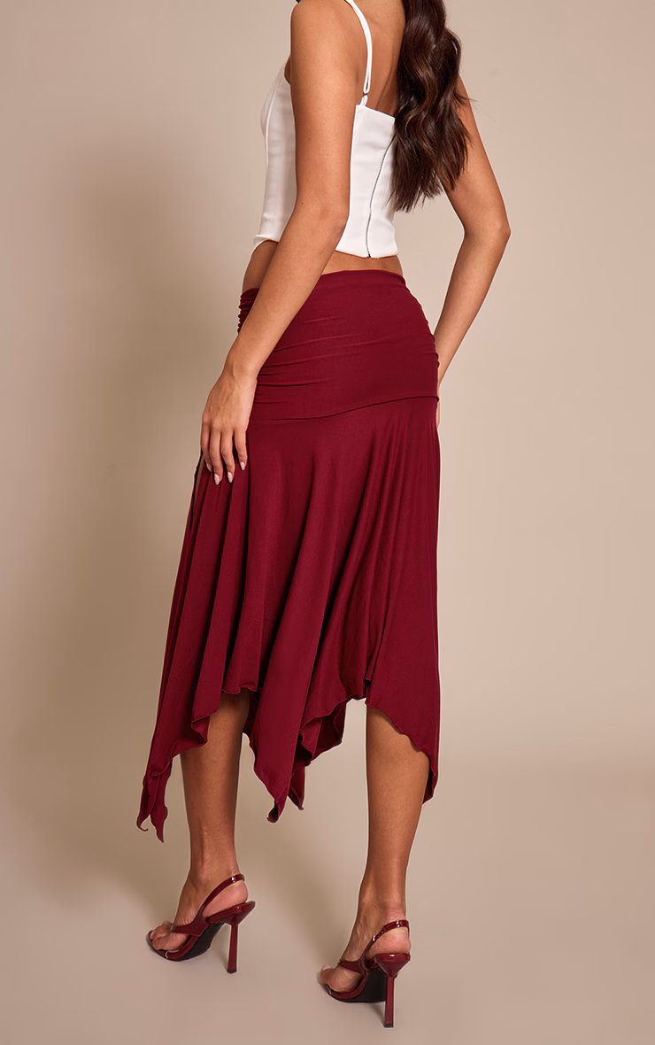 Plum Soft Touch Ruched Asymmetric Midi Skirt