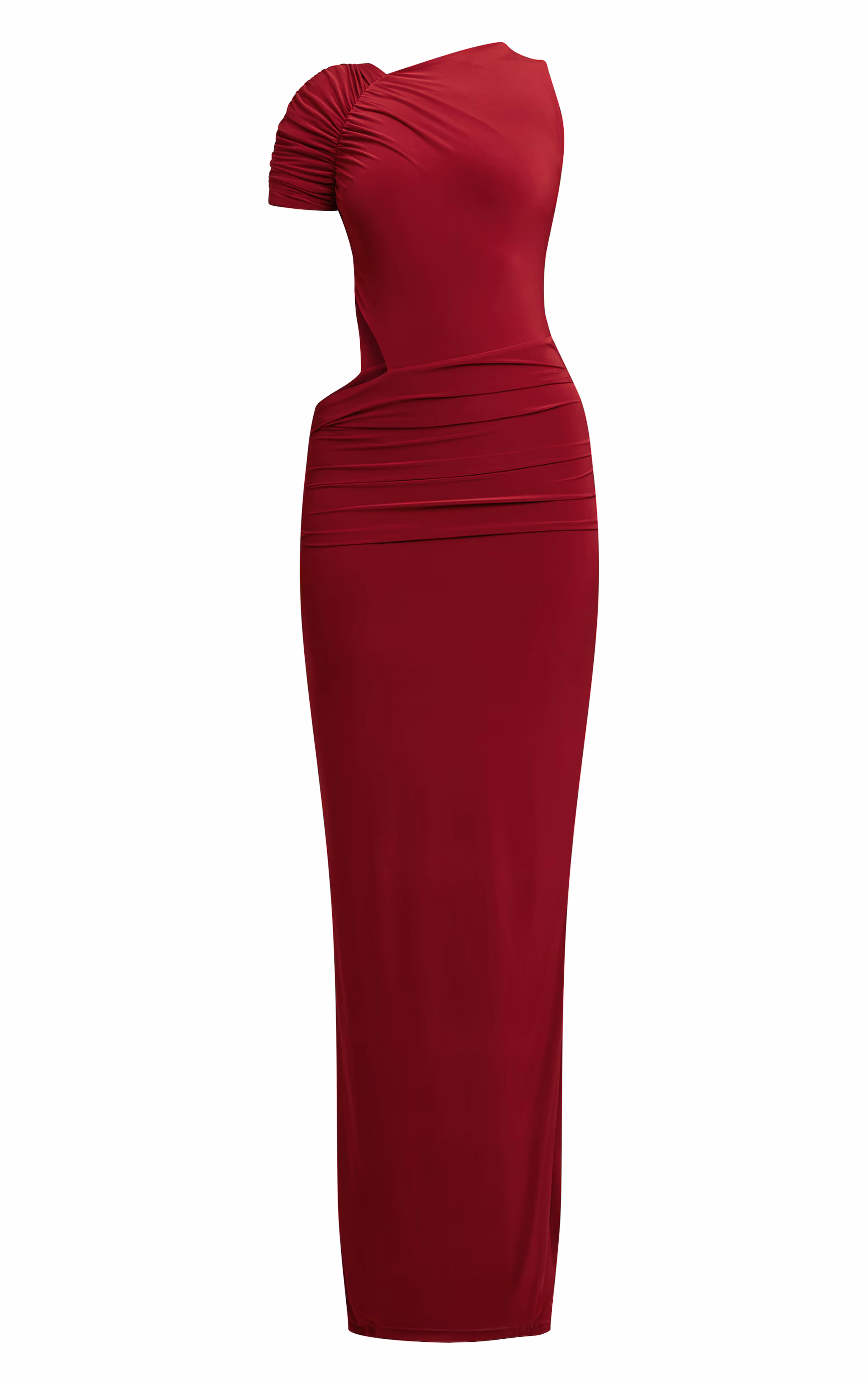 Wine Slinky One Sleeve Ruched Maxi Dress
