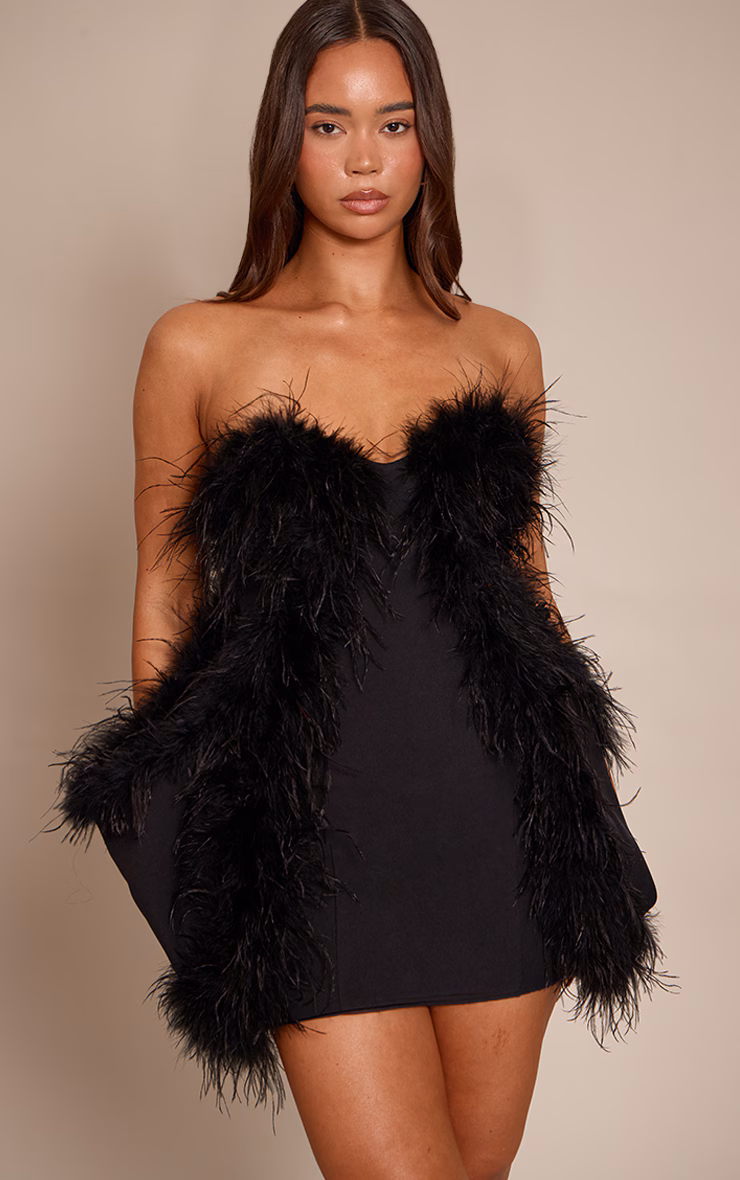 Premium Black Feather Trim Hip Detail Bandeau Bodycon Dress