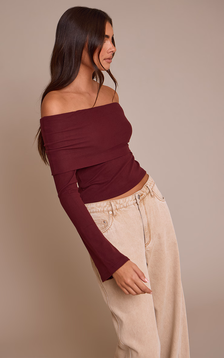 Wine Ultra Soft Deep Foldover Bardot Long Sleeve Top