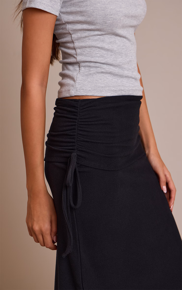 Black Brushed Rib Ruched Detail Maxi Skirt