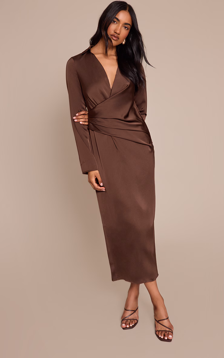 Chocolate Satin Ruched Detail Long Sleeve Midaxi Dress