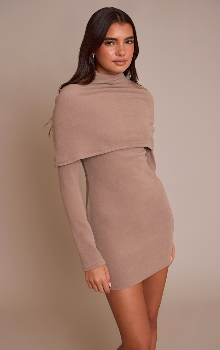 Taupe Ribbed Overlay Long Sleeve Bodycon Dress