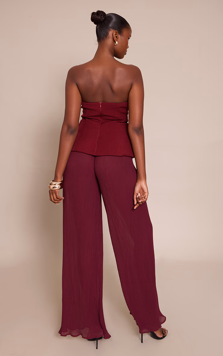 Plum Woven Bandeau Plisse Leg Jumpsuit