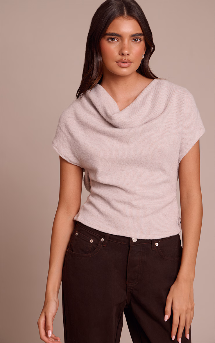 Light Mushroom  Wool Look Slouchy Tie Back Top