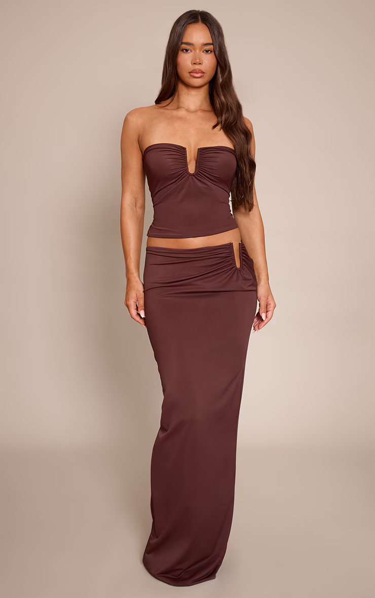 Chocolate Matte Sculpt V Bar Ruched Maxi Skirt