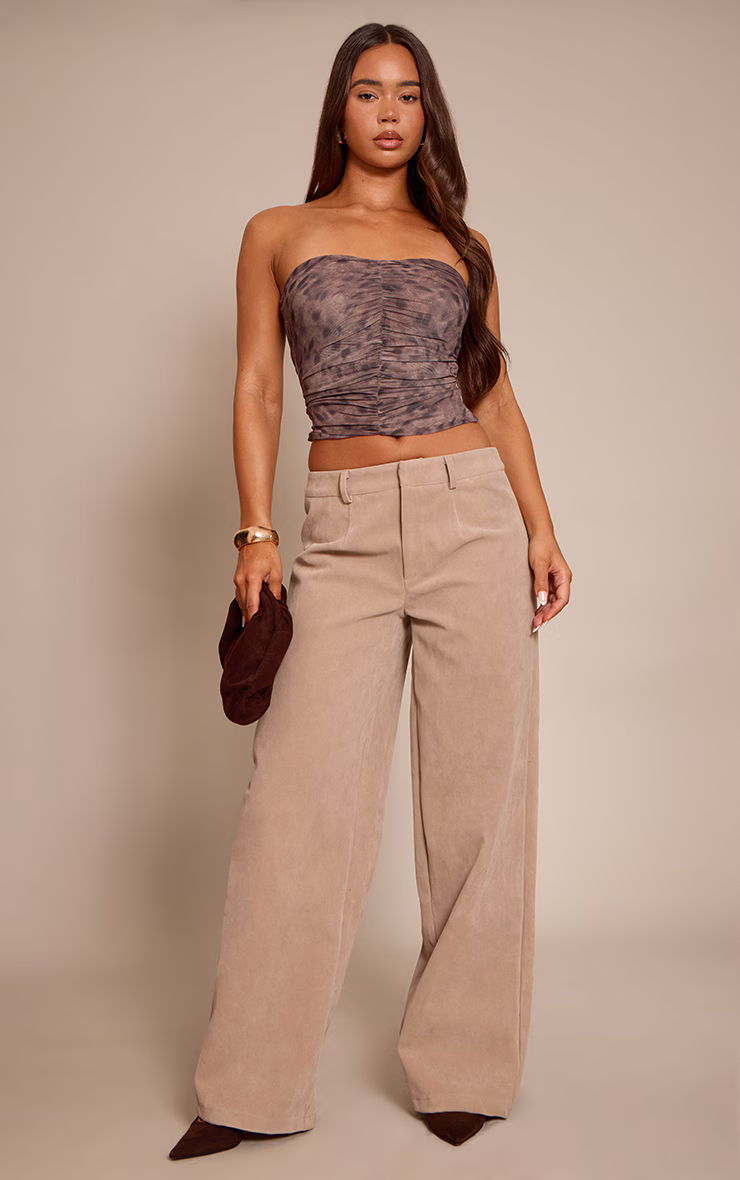 Brown Animal Print Double Layered Mesh Ruched Front Bandeau