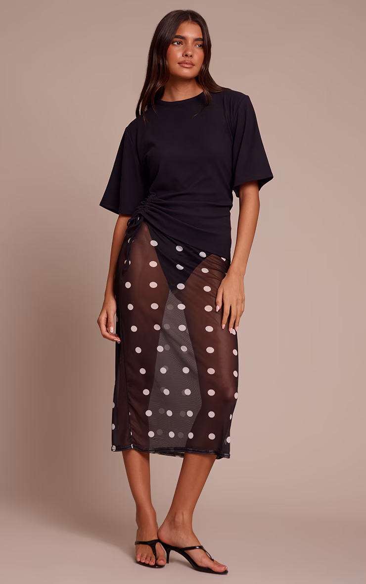 Black Mesh Polka Dot Midi Skirt