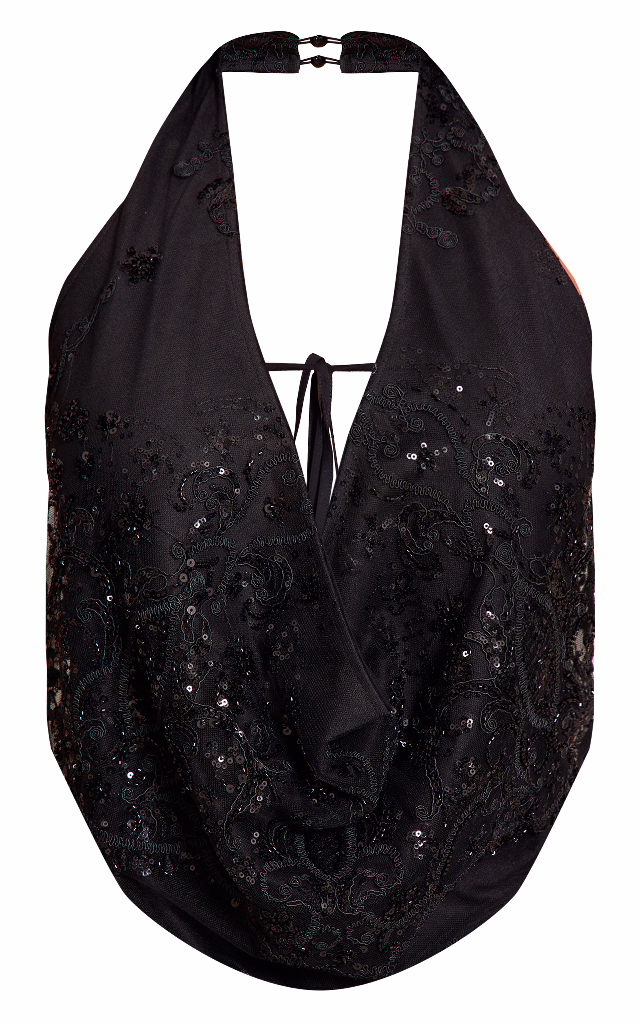 Shape Black Ornate Embellished Cowl Halter Neck Top