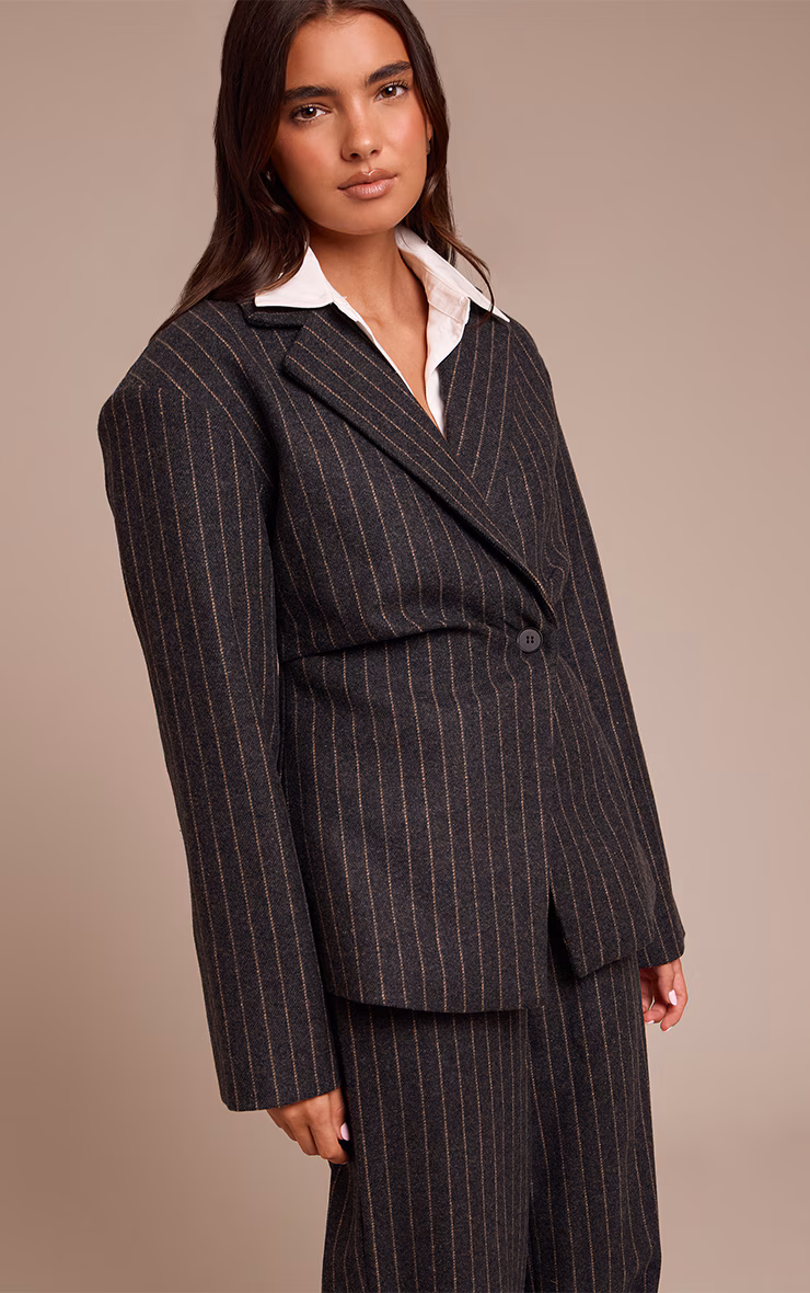 Charcoal Grey Brushed Pinstripe Cinched Waist Blazer