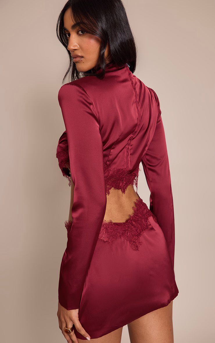 Burgundy Satin Lace Trim High Neck Long Sleeve Top
