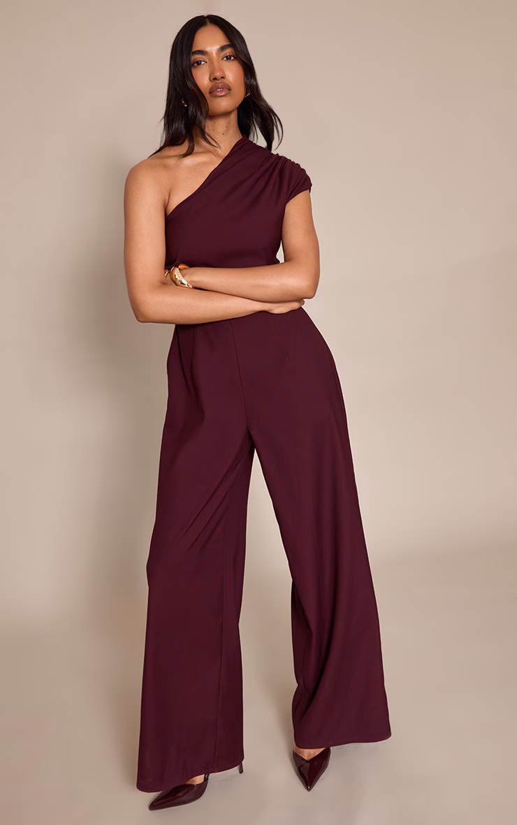 PLT Label Plum Asymmetric Ruched Wide Leg Jumpsuit