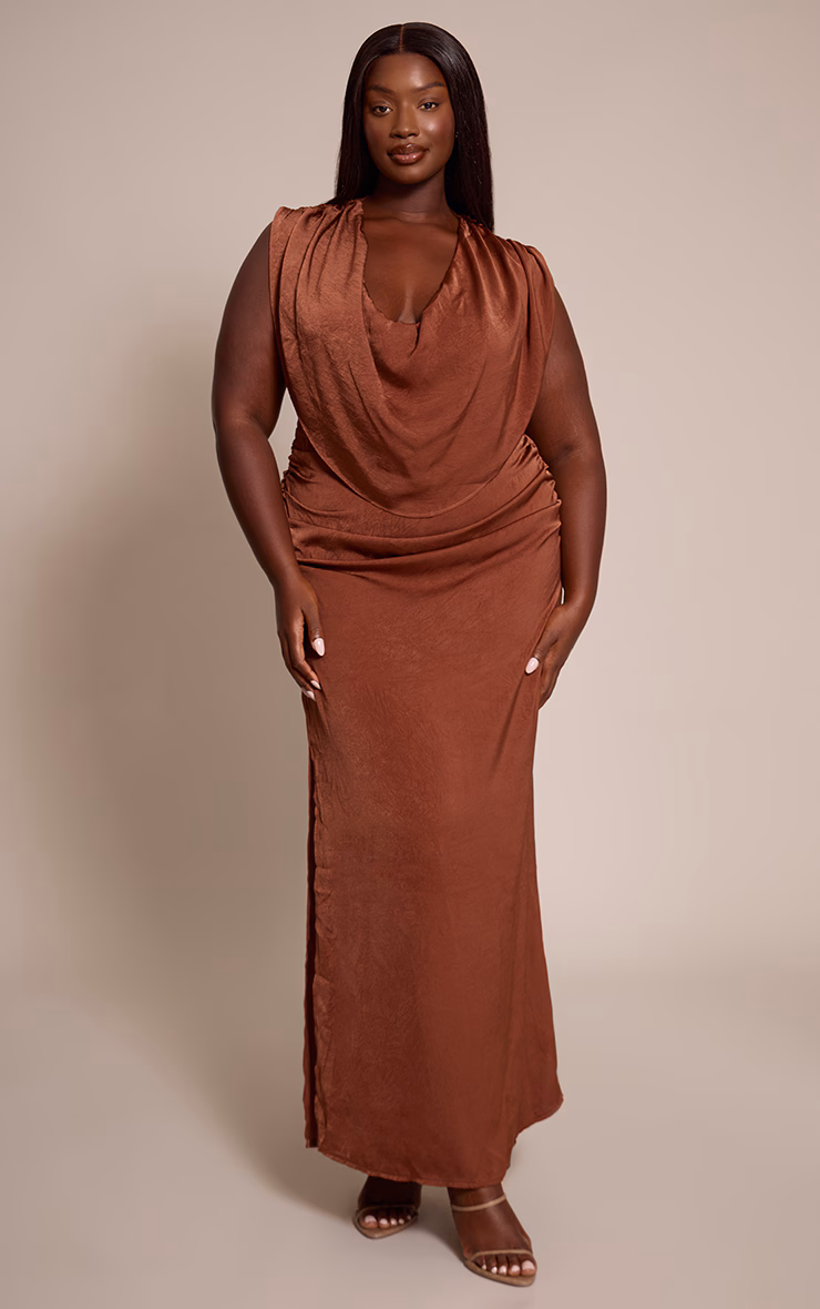 Plus Chocolate Crushed Satin Cowl Neck Maxi Dress