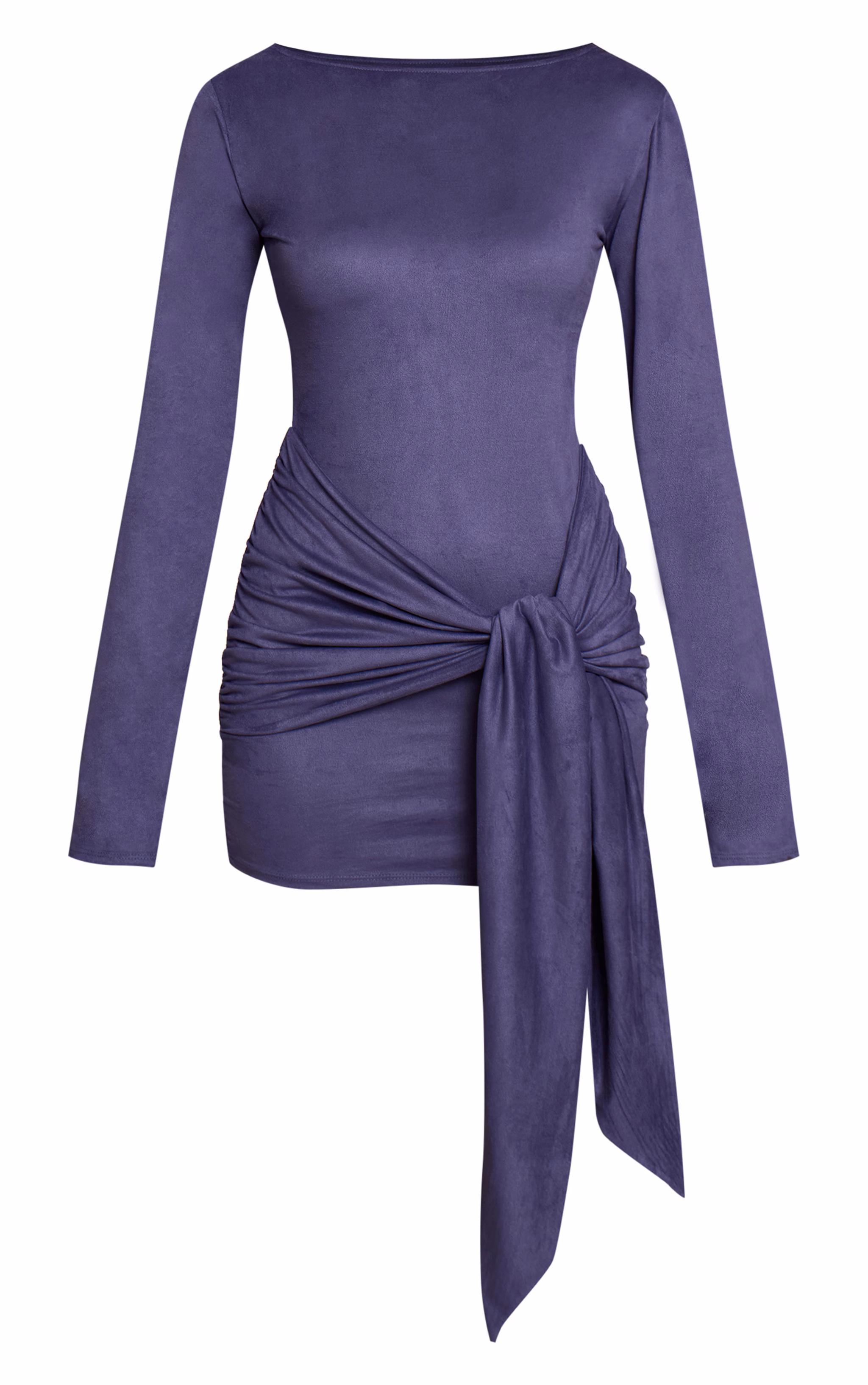 Powder Blue Suede Boat Neck Tie Waist Detail Bodycon Dress