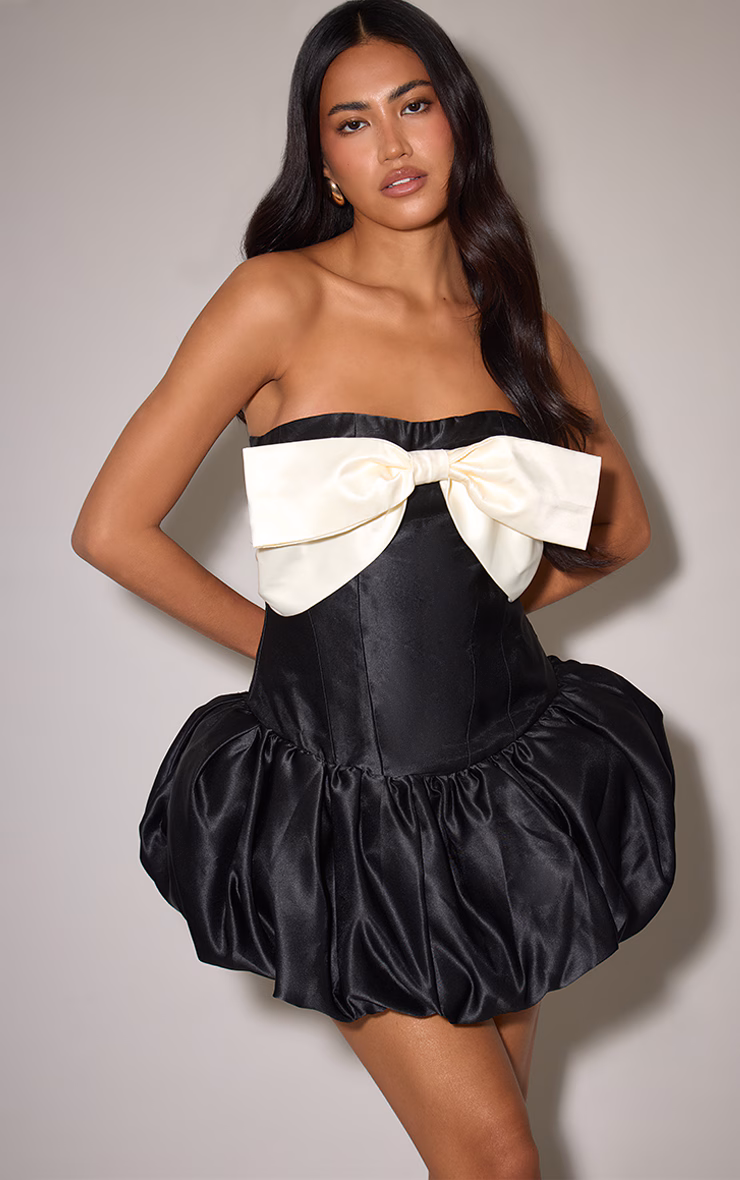 Black Bandeau Satin Bow Detail Puffball Mini Dress