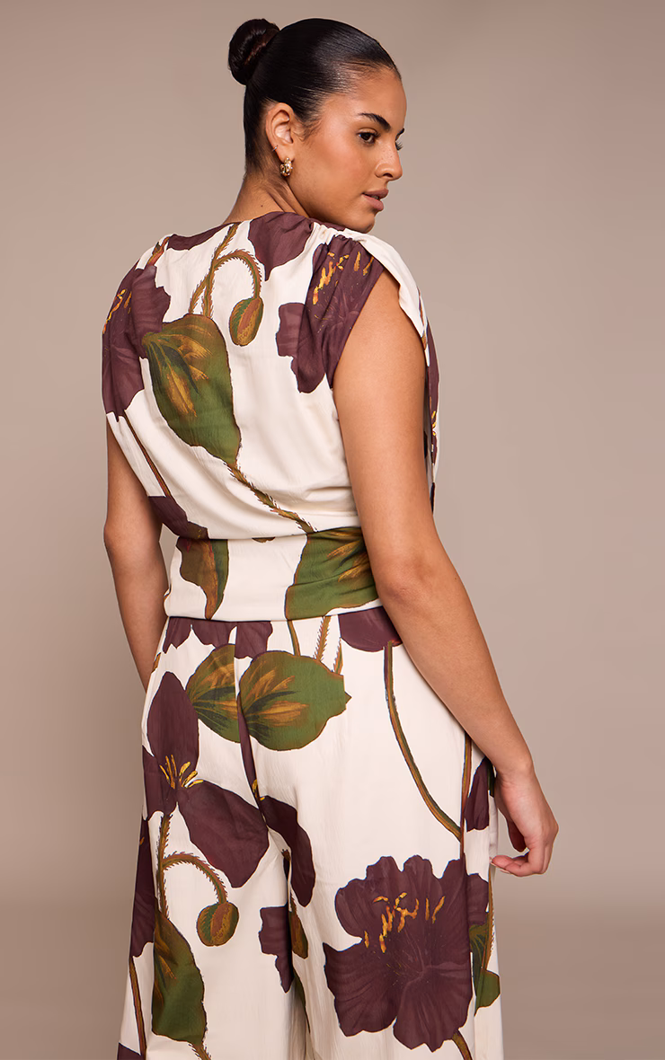 Plus Floral Print Woven Ruched Shoulder Cowl Neck Top