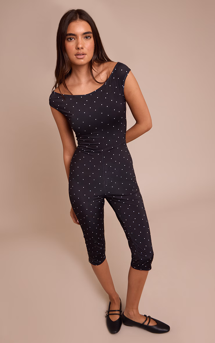 Black Slinky Poka Dot Capri Jumpsuit