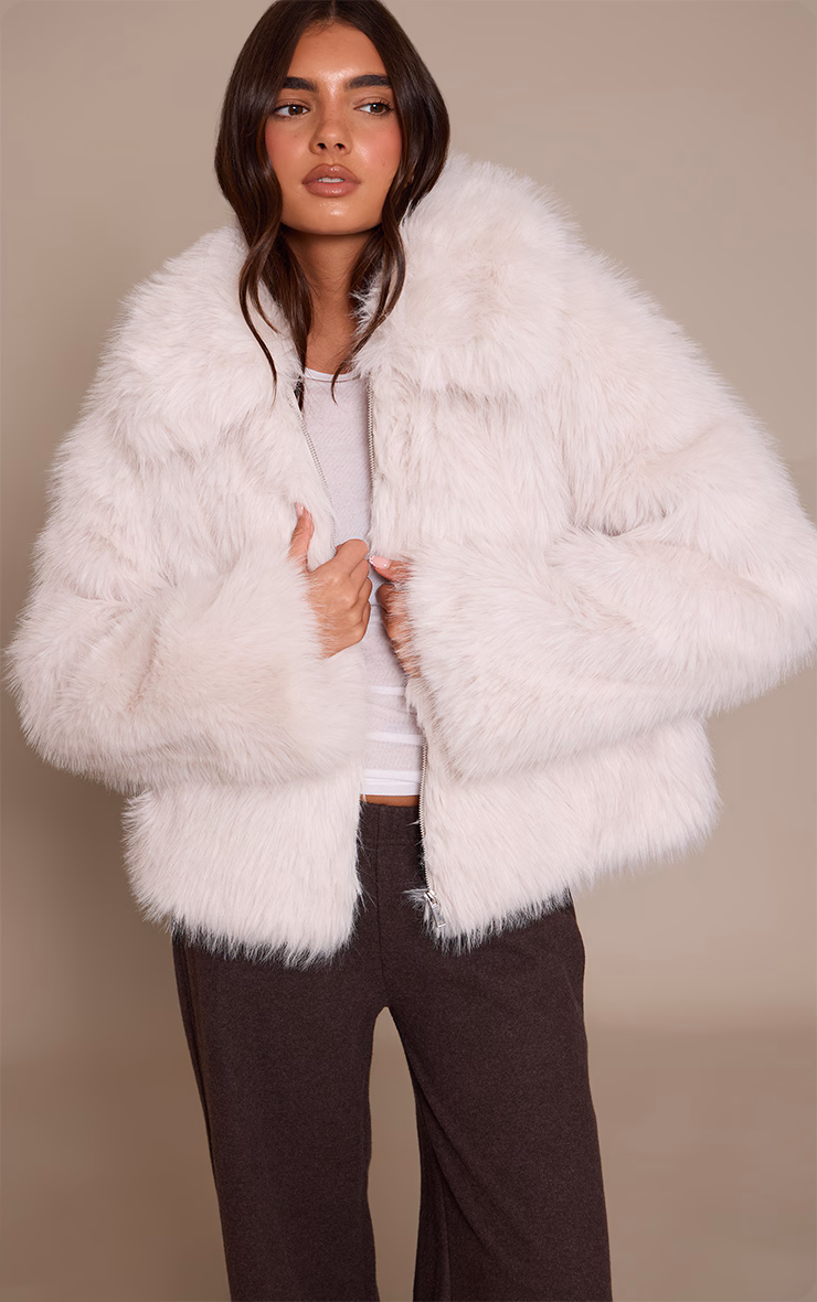 Cream Faux Fur Oversized Collar Coat