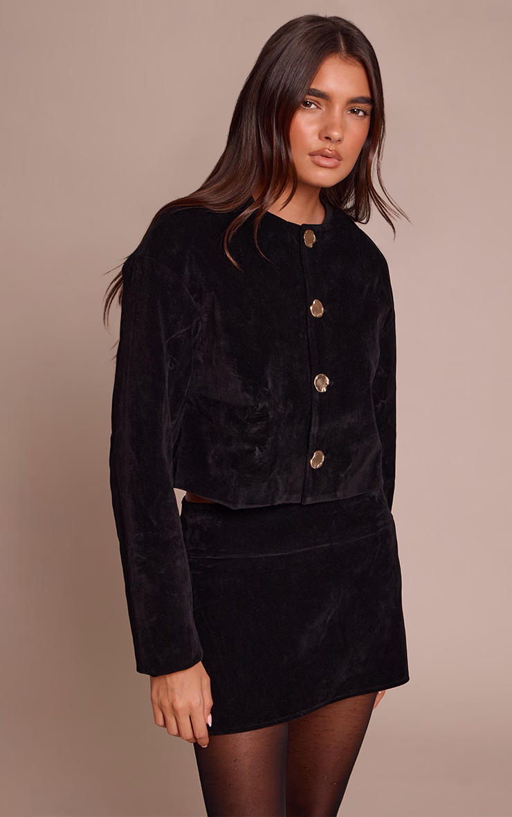 Black Round Neck Gold Button Suede Jacket