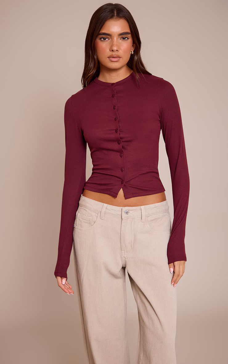 Wine Soft Rib Button Down Long Sleeve Top