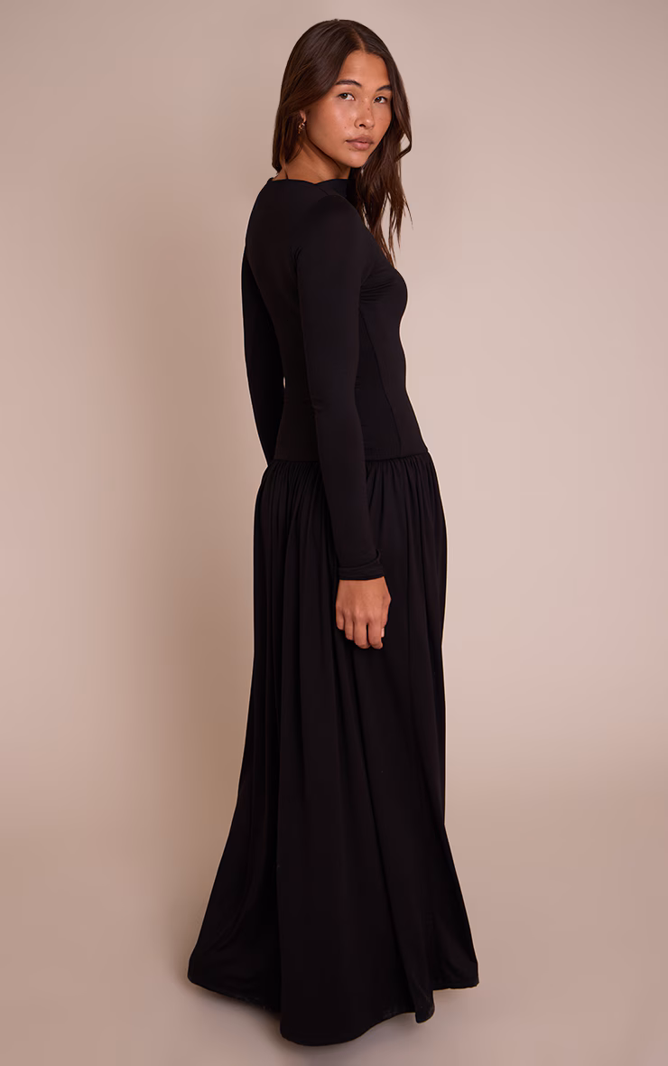 Black Double Layer Jersey Dropped Waist Long Sleeve Maxi Dress