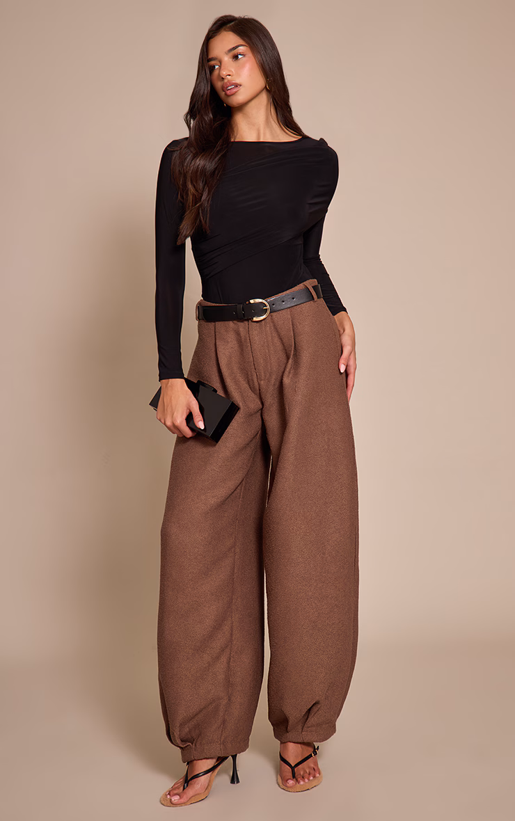 Black Slinky Drape Front Detail Long Sleeve Bodysuit