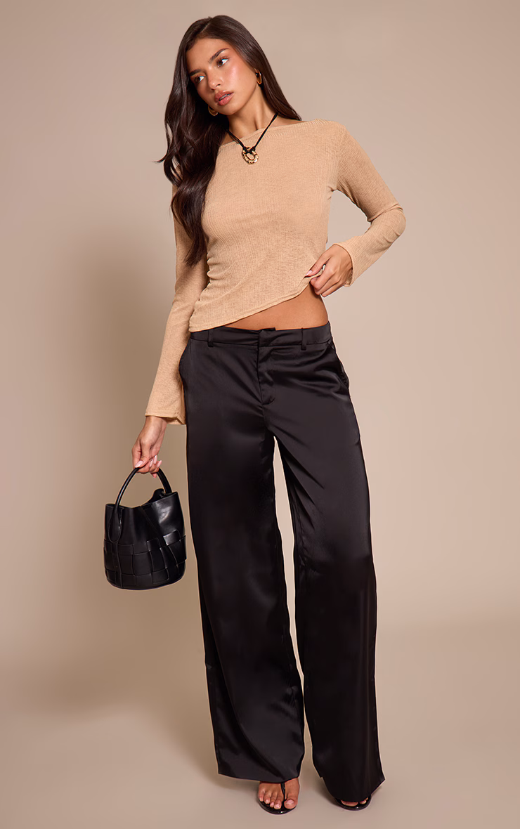 Tan Onion Skin Rib Boatneck Flare Sleeve Top